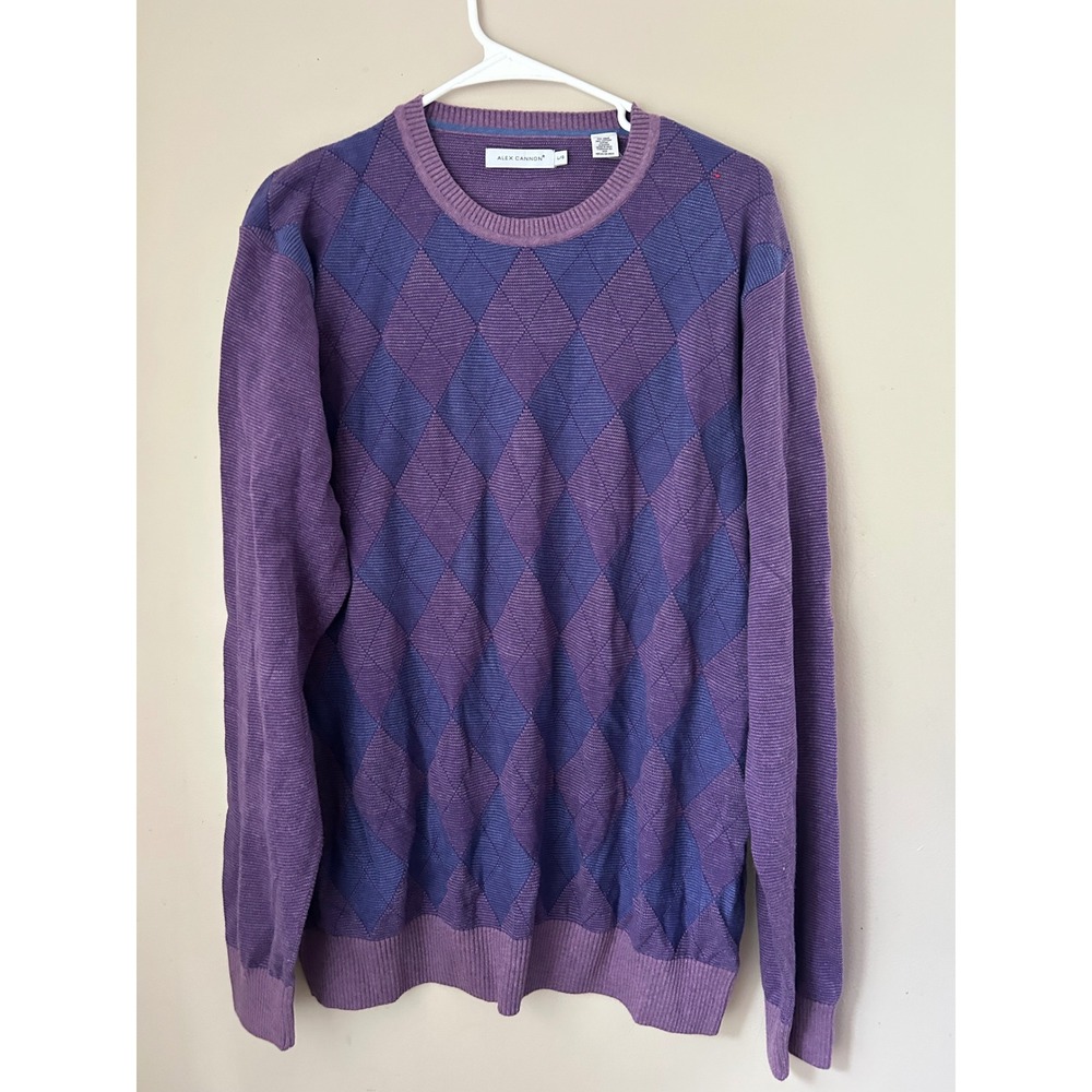 Alex‎ Cannon Mens Argyle Purple Blue Cotton Knit Sweater  Large L/G Classic